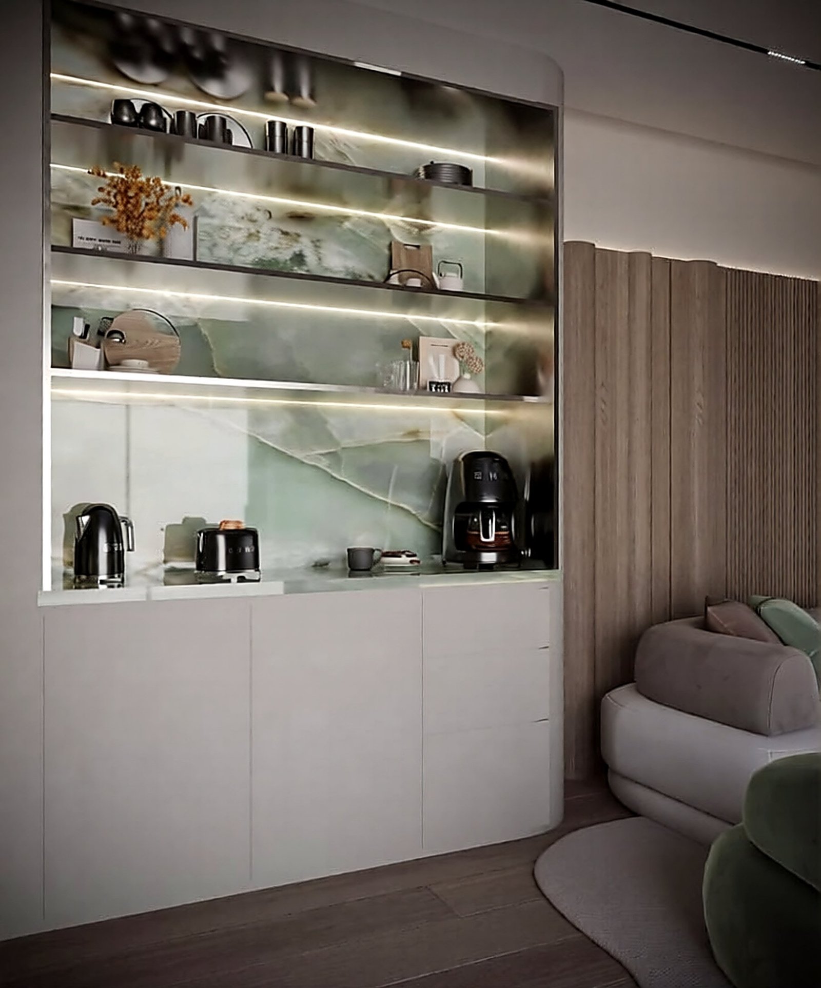 Lounge with a lit glass display and sage seating